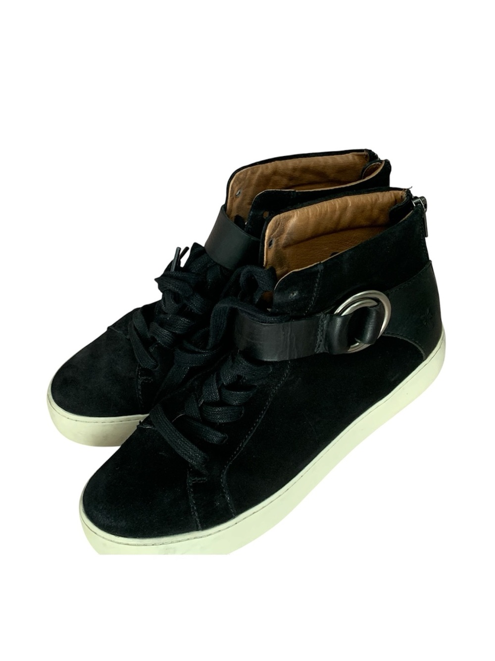 Frye Lena lace Up Sz 8M Black Suede- Leather High Top Strap Zip Sneakers